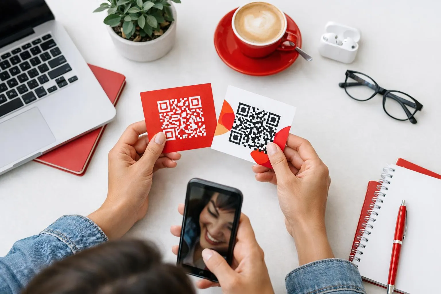 Laptop, coffee, QR codes, smartphone, stationery, hands holding cards.