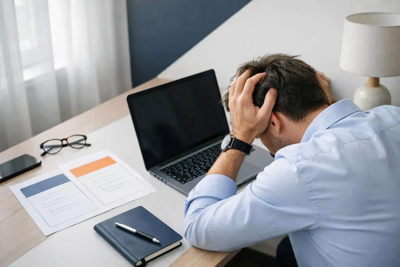 Close-up of laptop screen showing pricing comparison table with 'Custom Domain' feature locked behind 'Pro Plan' badge, frustrated entrepreneur's hands visible on keyboard, modern minimalist desk with coffee mug, soft window lighting creating professional atmosphere