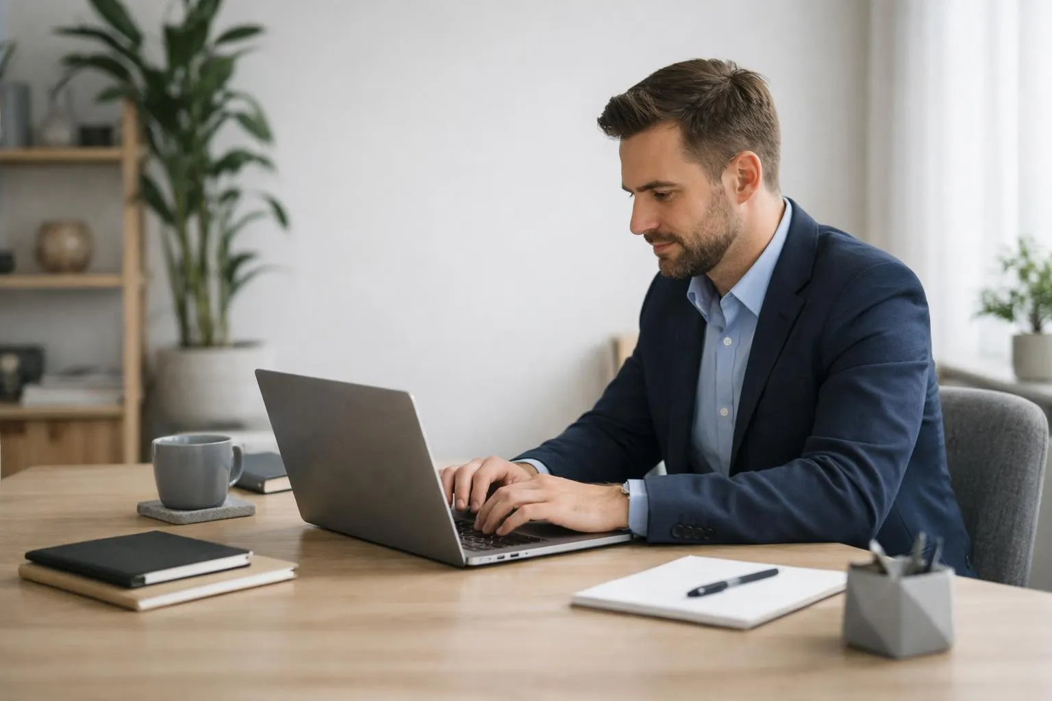 Professional entrepreneur sitting at a modern desk typing on a laptop, with holographic AI interface elements floating above the screen showing website wireframes and design layouts materializing in real-time, natural office lighting, contemporary workspace setting with plants and minimal decor, photorealistic style capturing the moment of AI-powered website creation in action