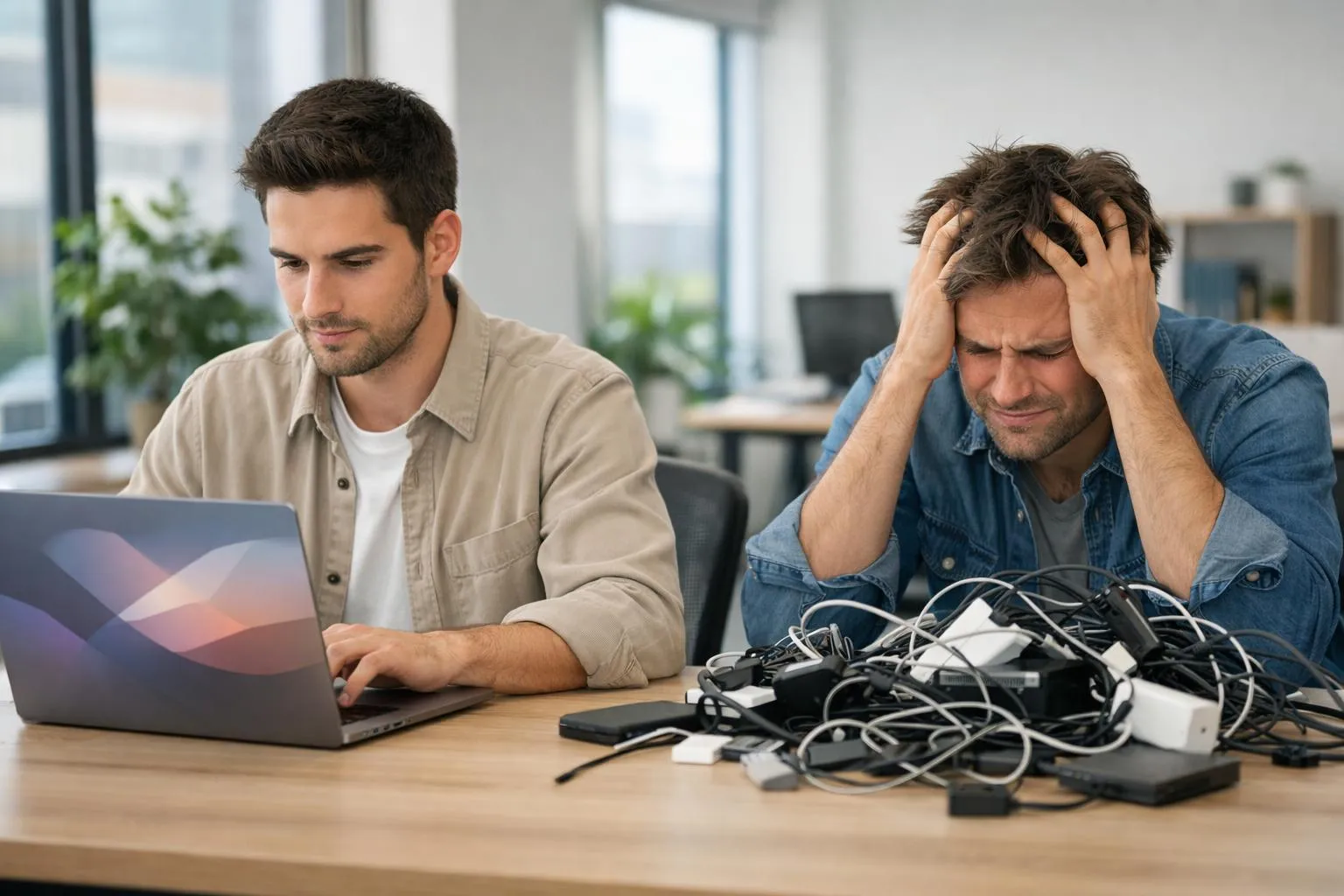 Split-screen visual showing a frustrated entrepreneur staring at a computer with tangled cables and expensive invoices on one side, contrasted with a confident business owner quickly assembling colorful website blocks on a sleek laptop screen with AI interface elements glowing on the other side, modern office setting with natural lighting