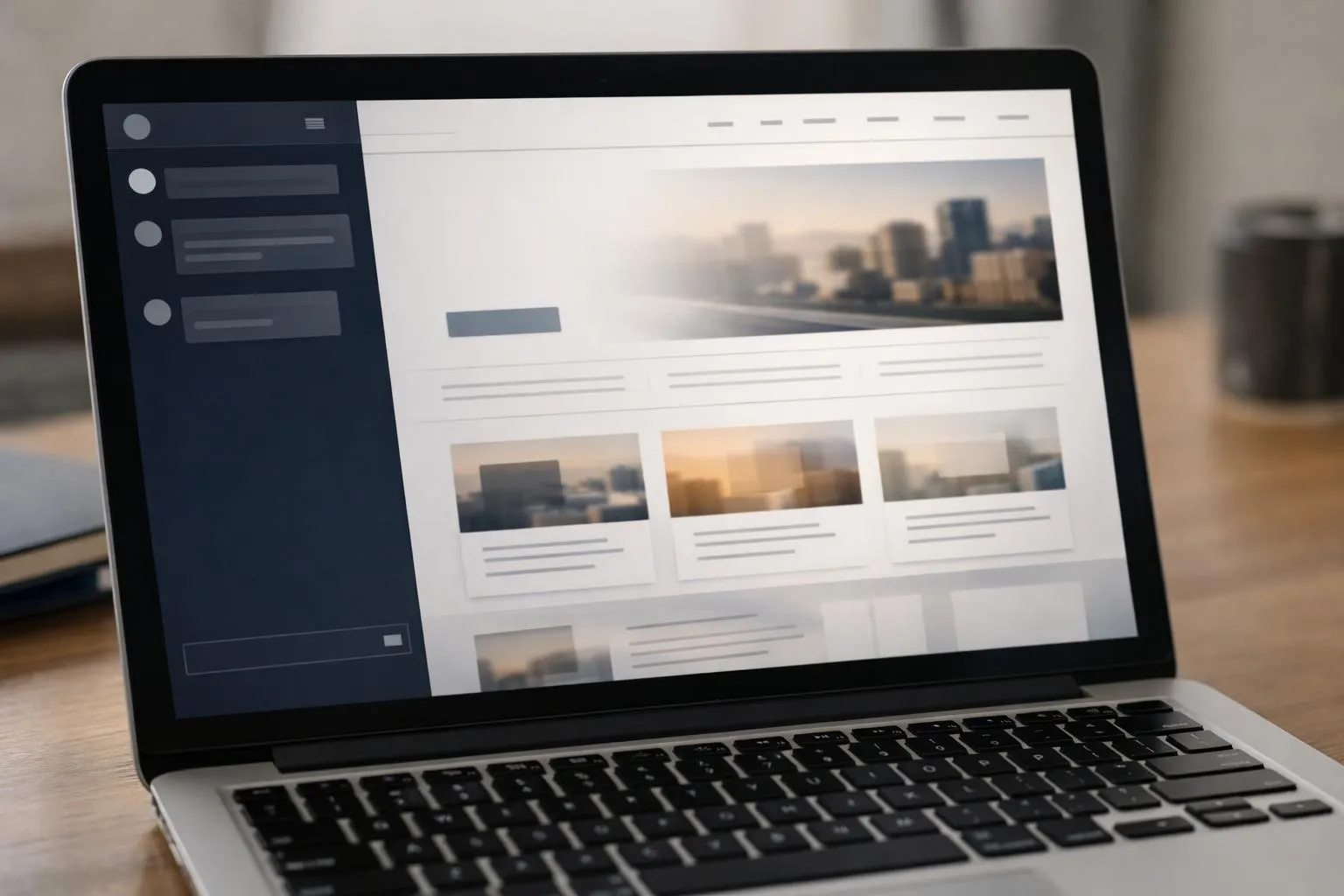 Close-up of a laptop screen showing a split view: on the left, a simple text prompt being typed in a chat-style interface; on the right, a website homepage materializing in real-time with layout blocks, placeholder text, and images appearing section by section, conveying the instant transformation from text input to complete web page through AI technology