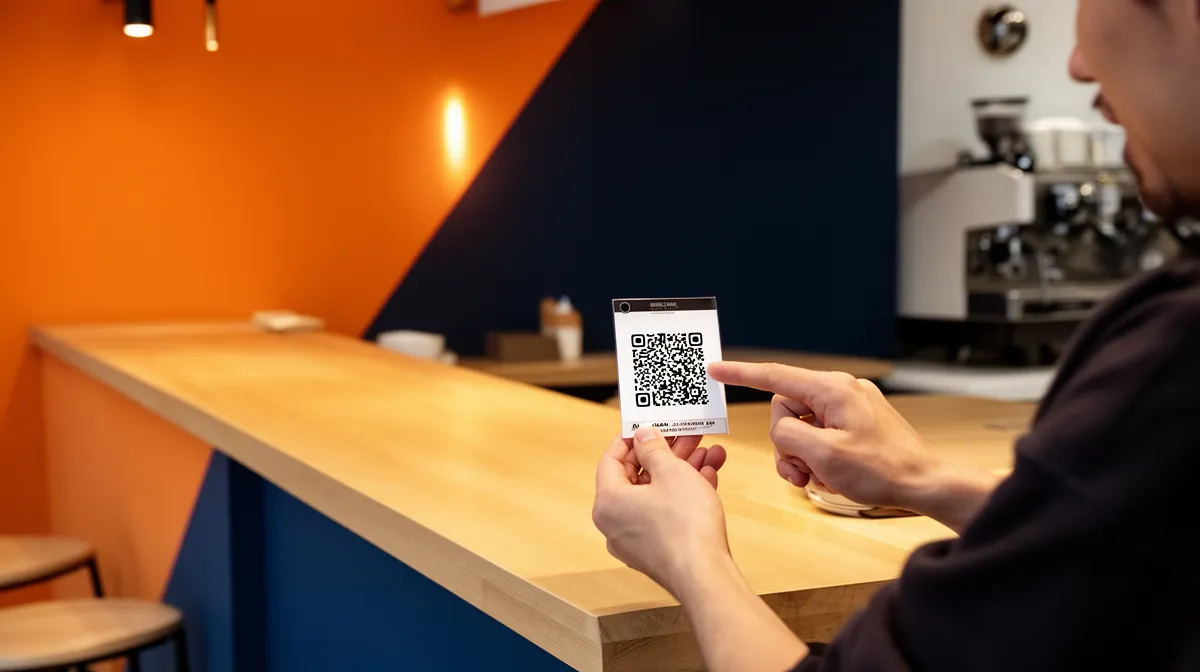 Person scanning QR code at a counter.
