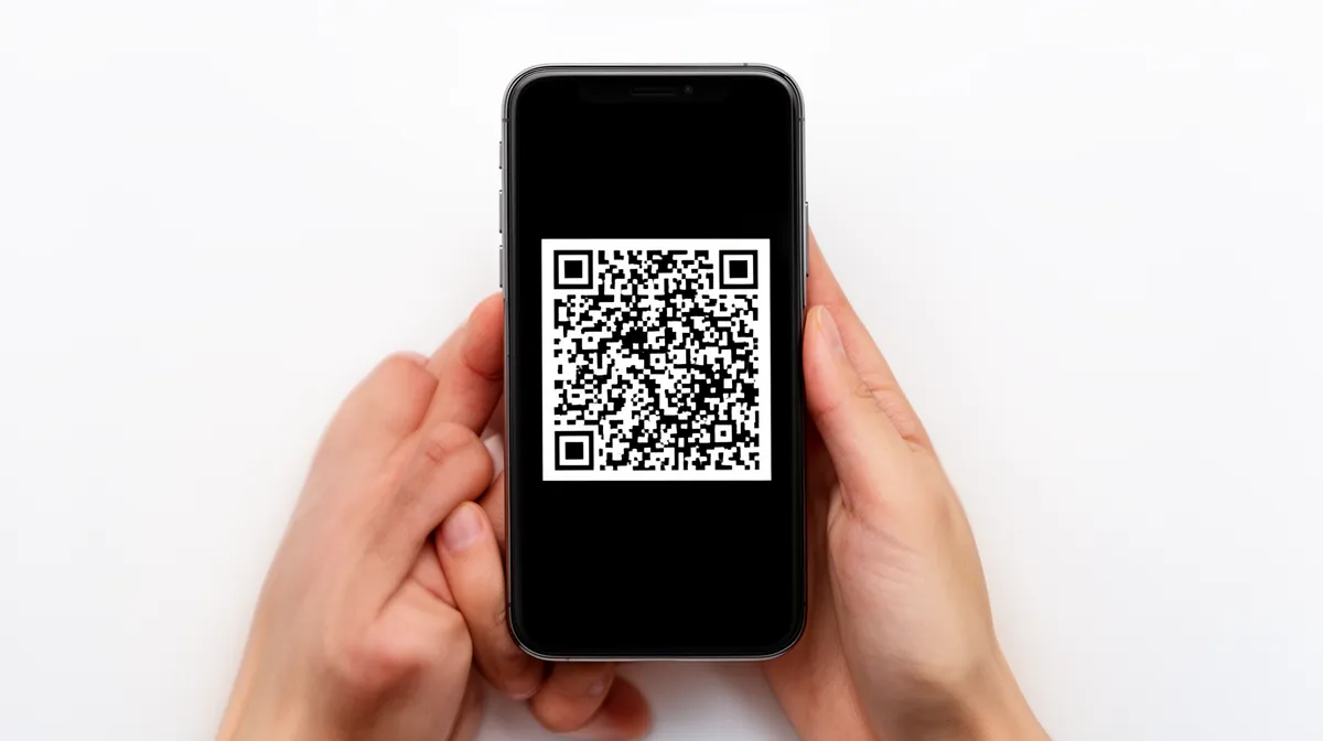 Smartphone displaying a QR code on a black screen.