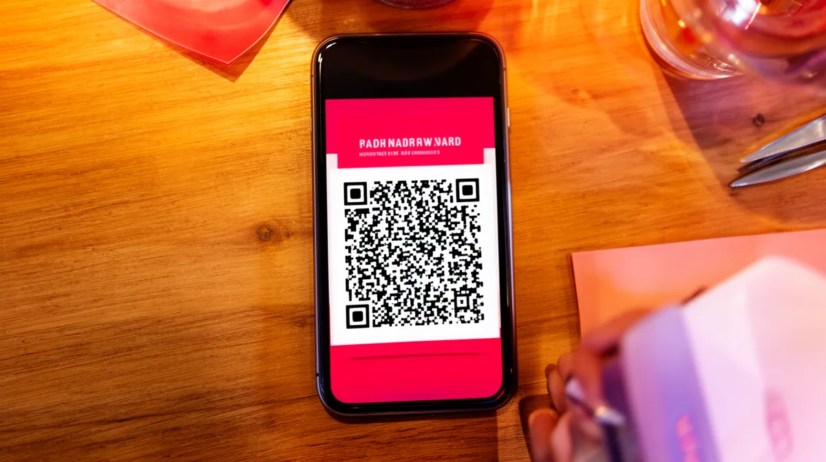 Smartphone displaying a QR code on a wooden surface.