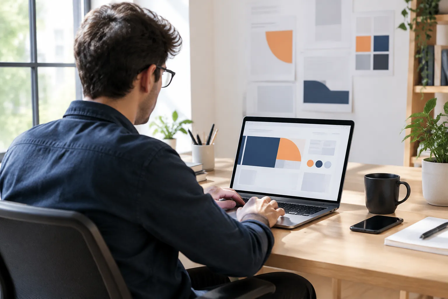 Designer working on laptop with color palette at home desk