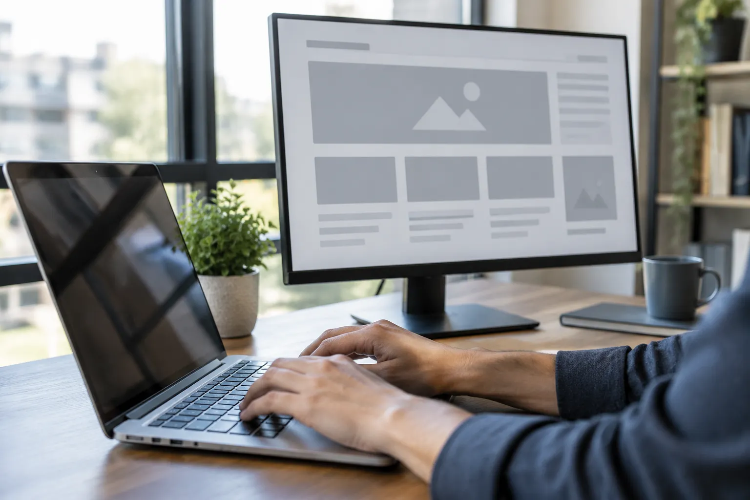 Person typing on laptop beside desktop monitor displaying website wireframe