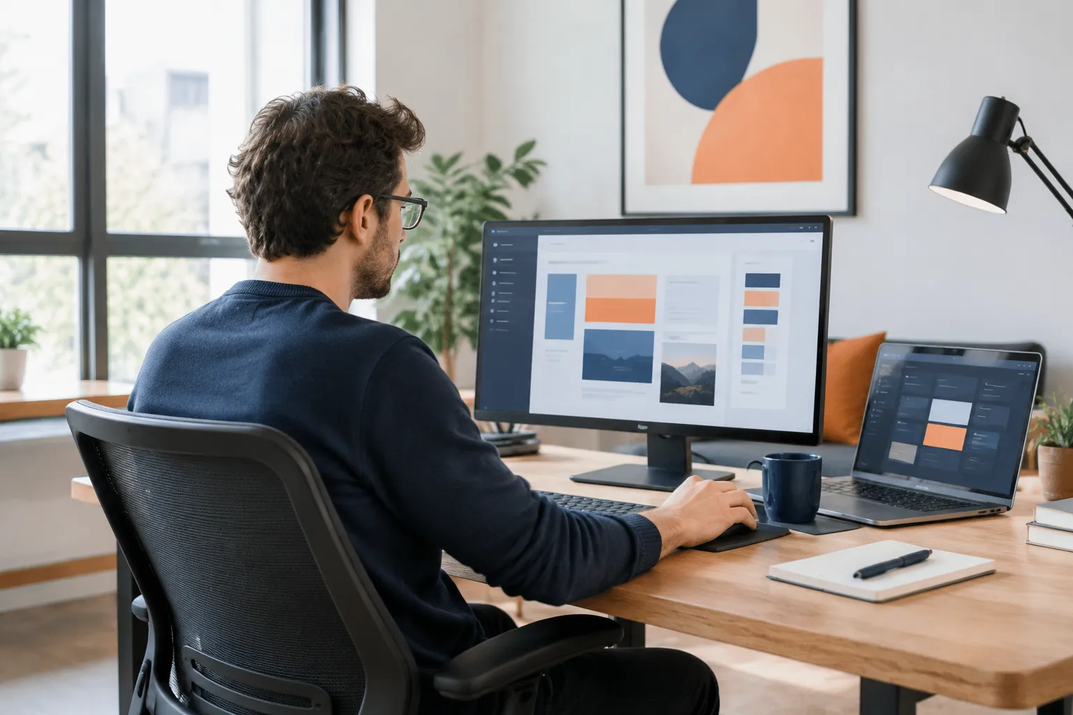 Man designing a color palette on dual computer screens