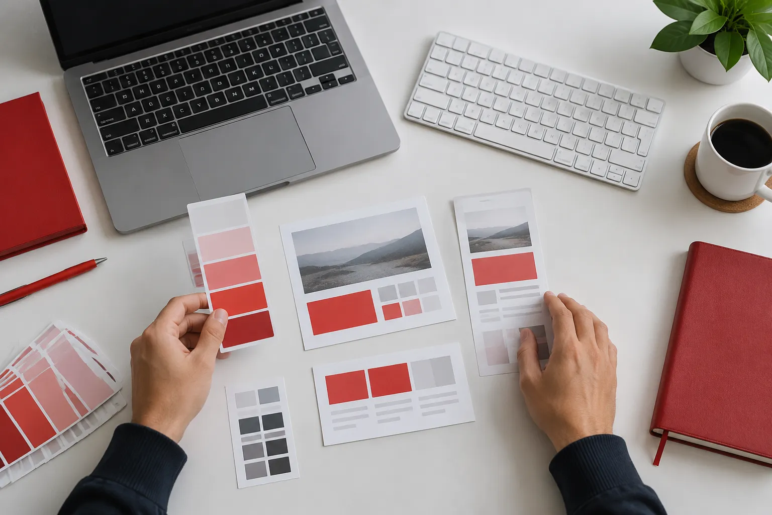 Hands arranging red-themed design layouts beside laptop and keyboard