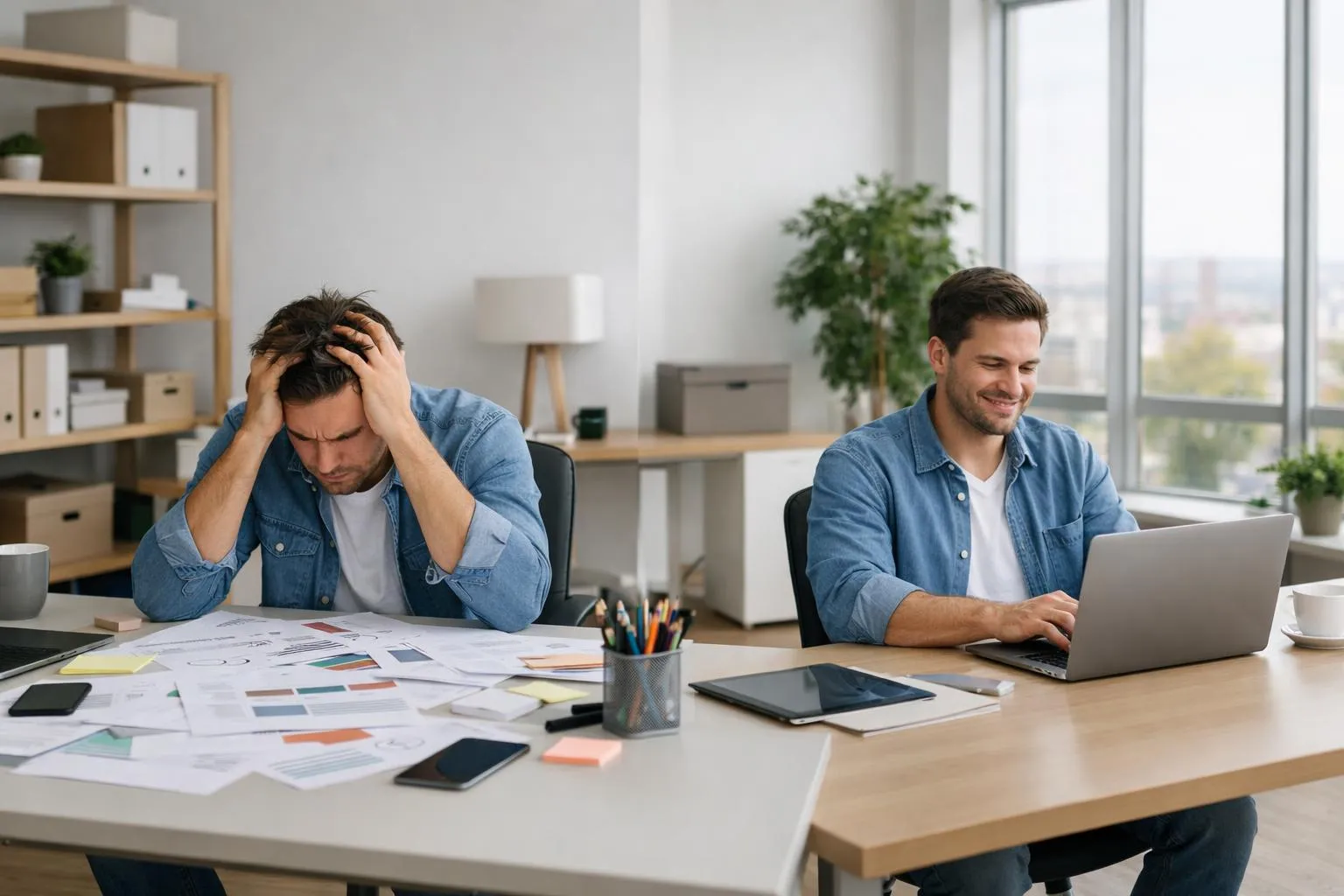 Two men working in an office environment, one appears stressed while the other is focused on a laptop.
