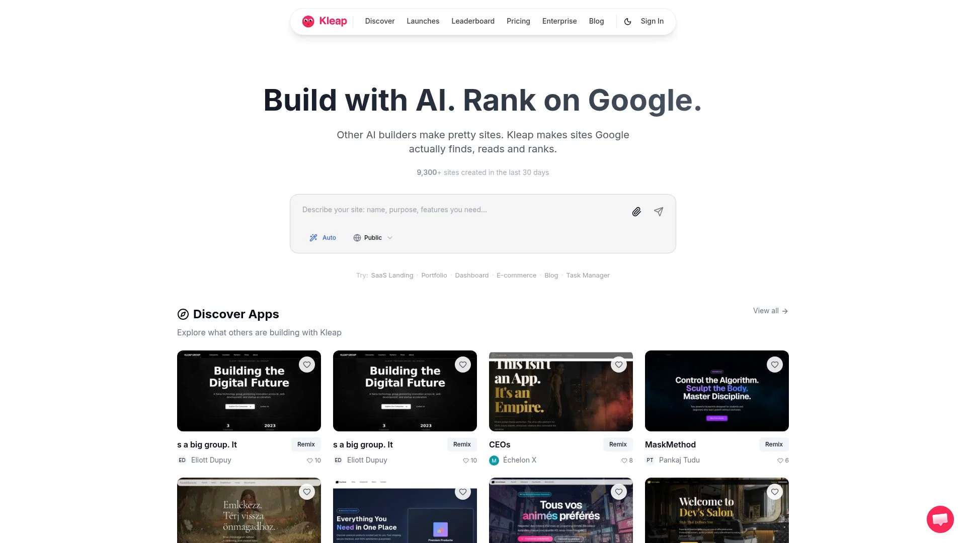 Build with AI. Rank on Google. Discover apps created with Kleap.