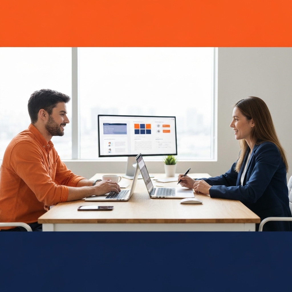 Entrepreneur at modern desk comparing two website builder platforms on dual monitors showing AI interface dashboards with design templates and customization tools, professional office setting with natural lighting and laptop visible