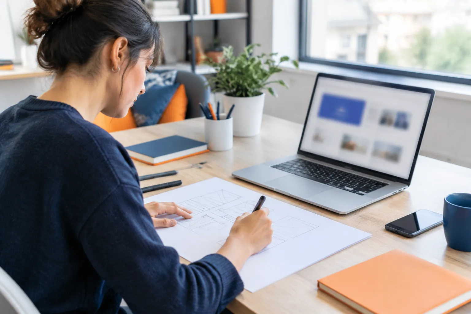 Woman drafting plans beside laptop at home workspace