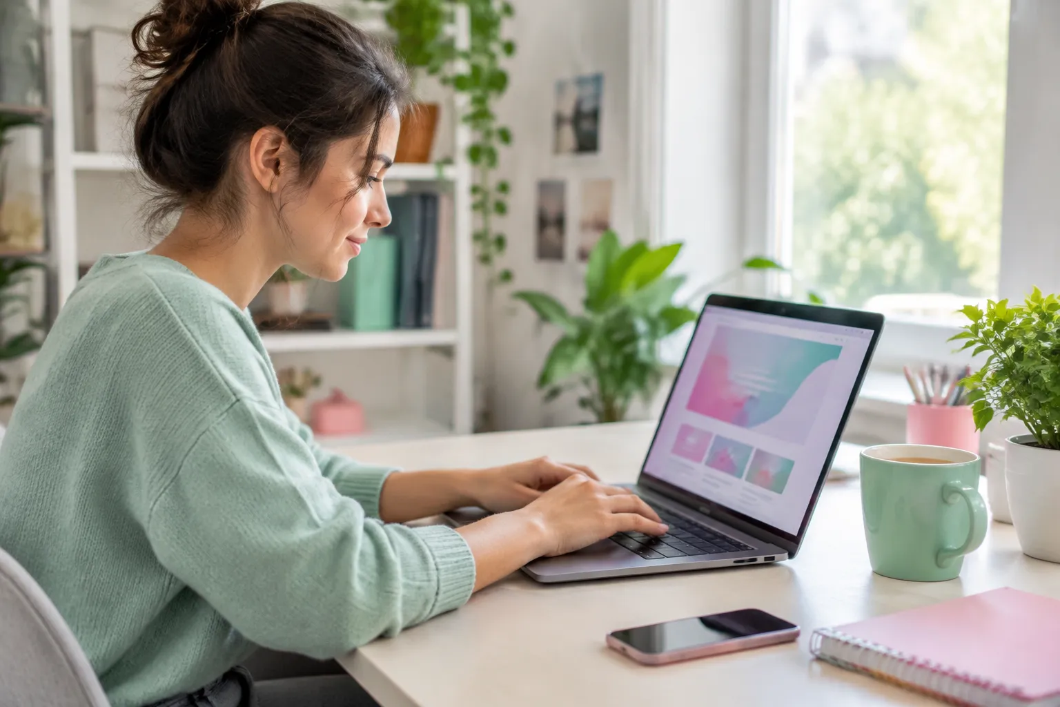 Woman working on laptop at sunlit home workspace