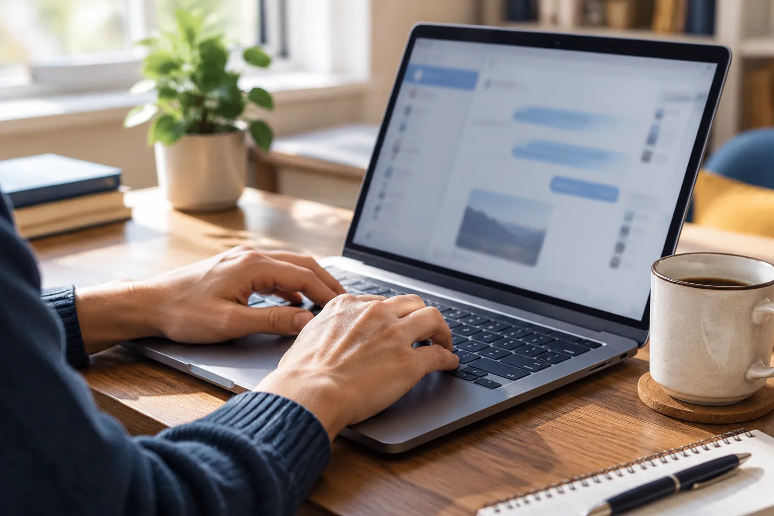 Person typing on laptop at sunlit desk with coffee, plant and notebook