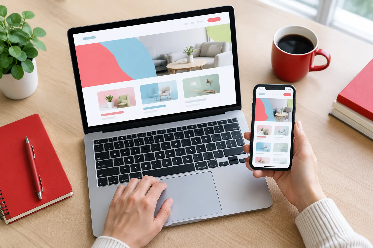 Laptop and smartphone displaying responsive home decor website design layout