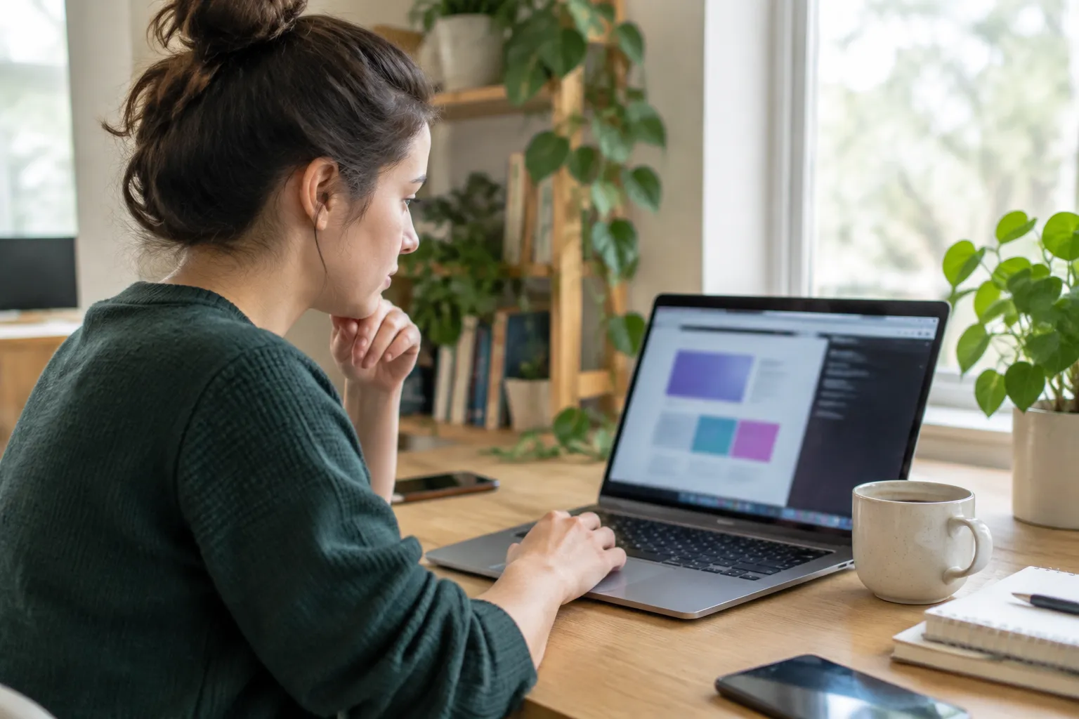 Woman working on laptop at home beside coffee mug