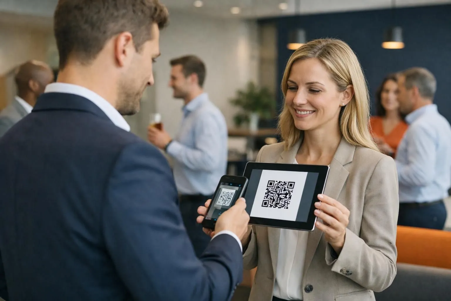 Business professional holding smartphone scanning QR code displayed on tablet screen at modern office networking event, digital contact information being exchanged between devices, natural lighting, professional attire, contemporary business setting