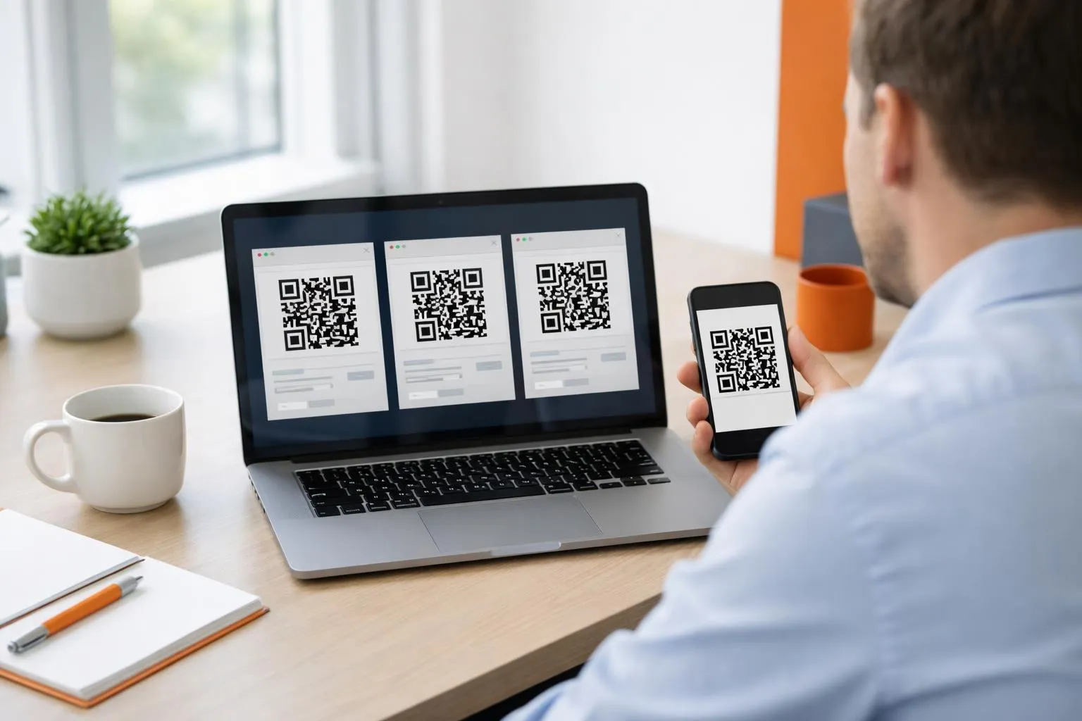 Person scanning QR codes on laptop and mobile device.