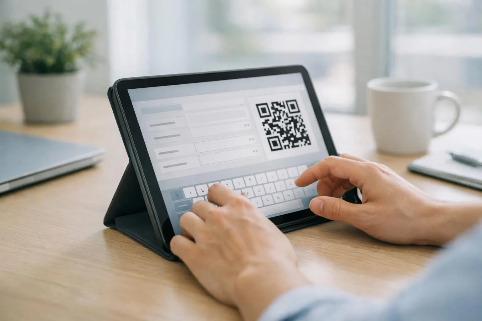 Hands using tablet with QR code and on-screen form.