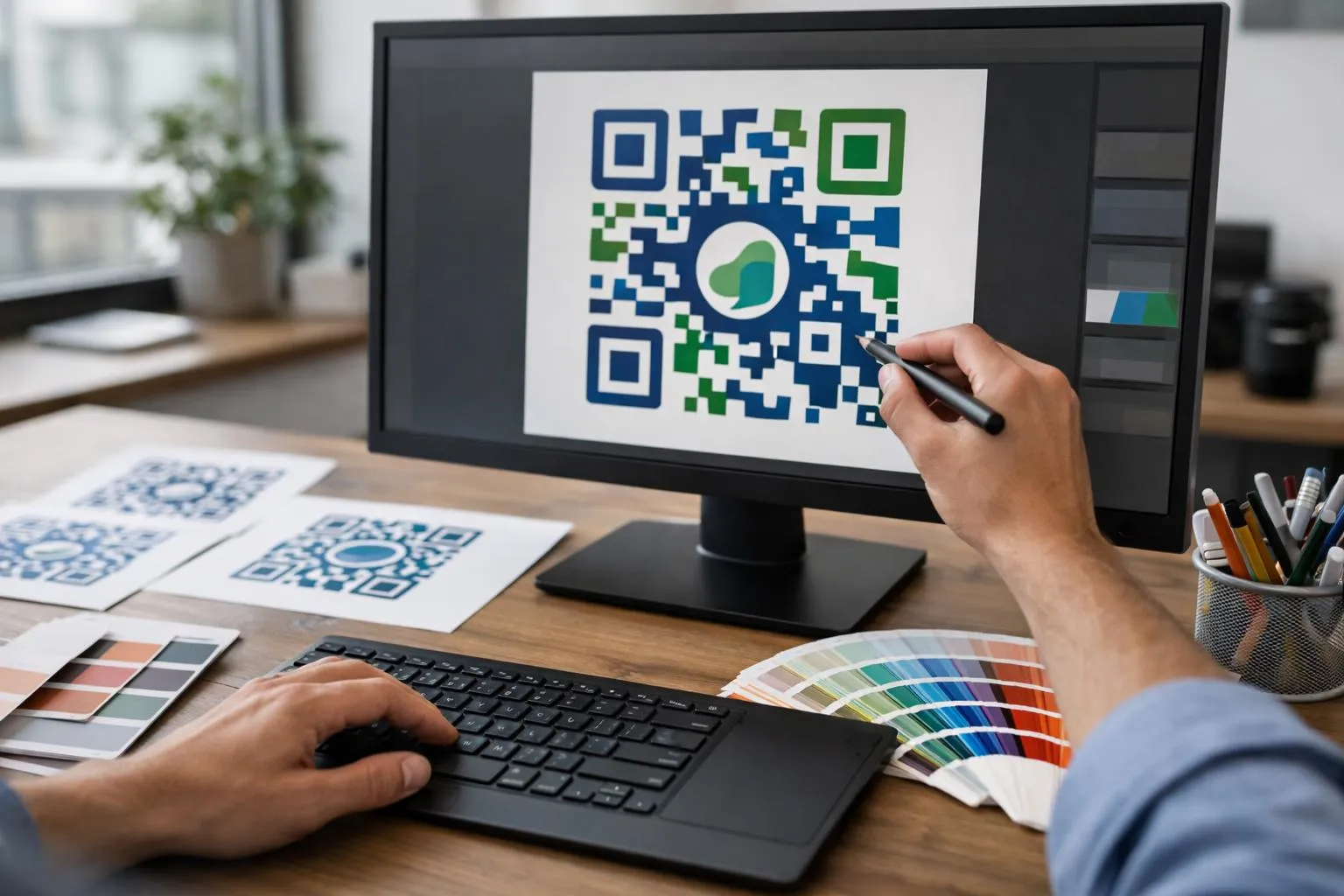 Designing QR code on computer with color palette and keyboard.