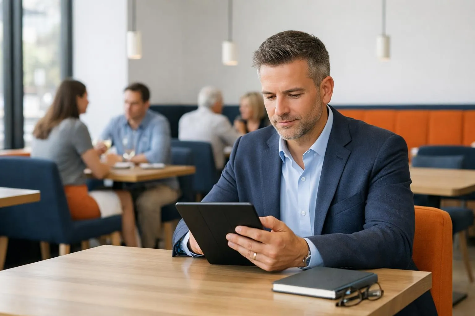 A man in a suit using a tablet in a cafe.