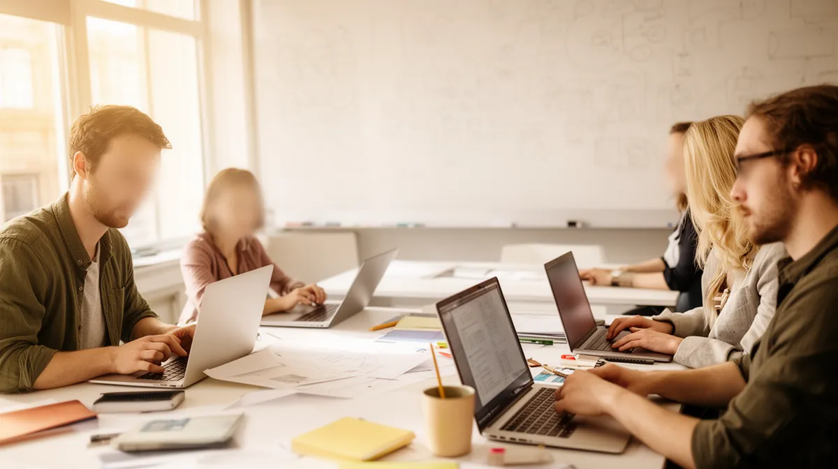 Group of people working on laptops in an office setting.