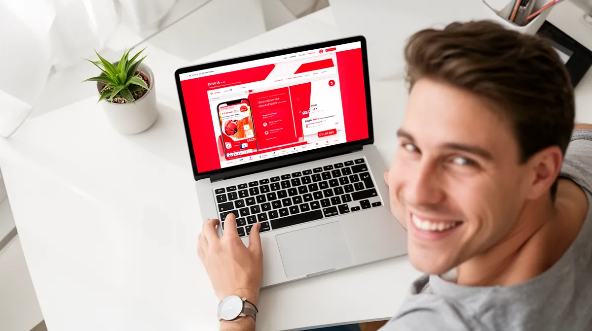 A person using a laptop with a red website displayed.