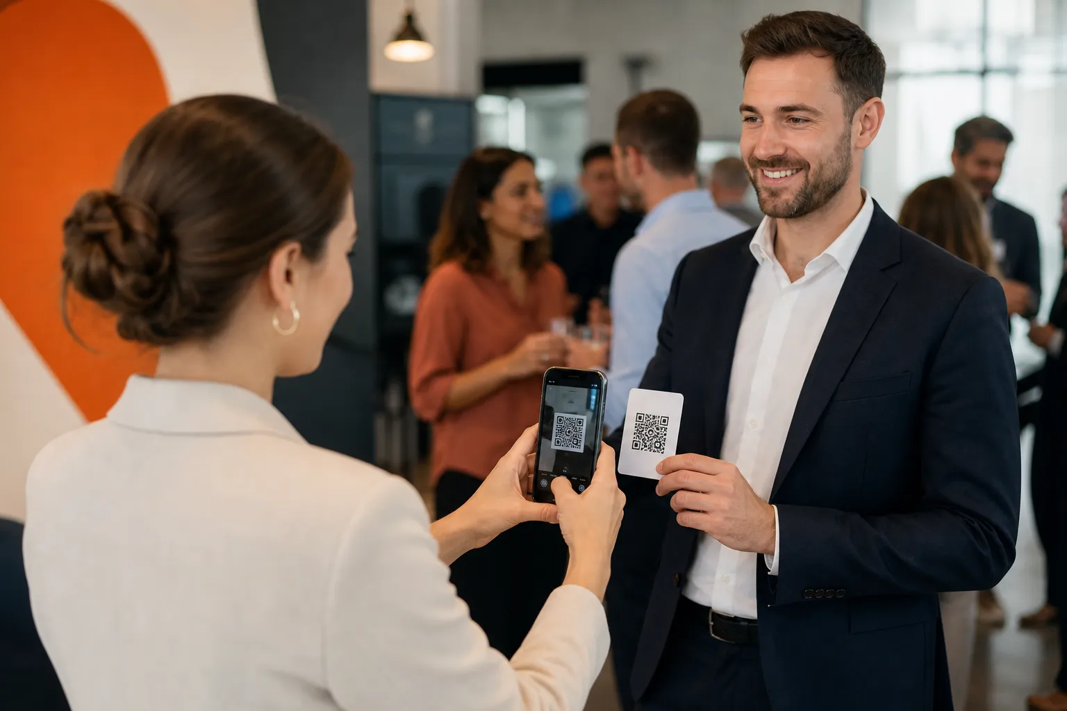 Smiling business professionals scanning QR codes at a networking event.