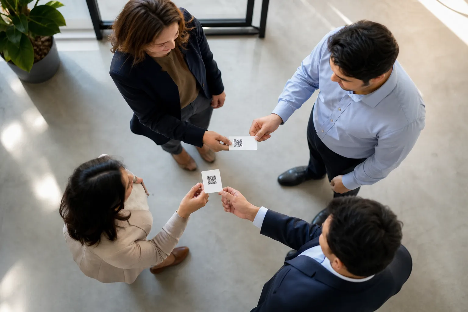 Business professionals exchanging QR codes in a modern office setting.