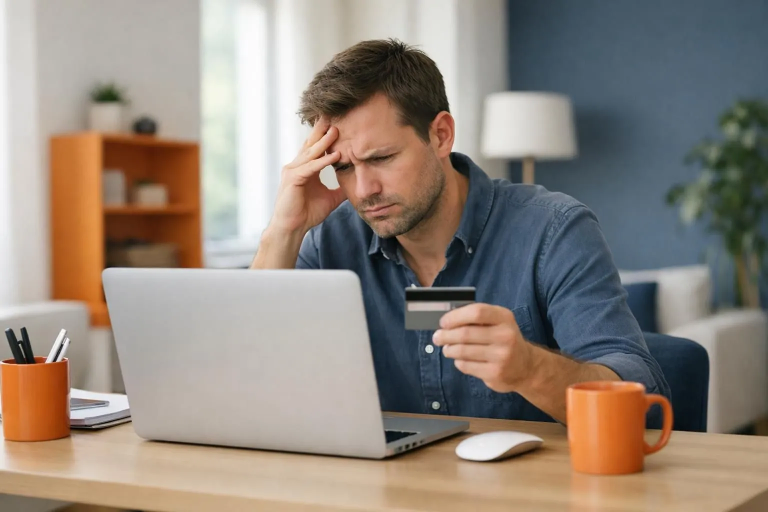 A person at a laptop looking frustrated at a payment popup screen blocking access to an AI writing interface, with a credit card lying on the desk, representing the deceptive nature of 'free' AI tools that require payment. Modern workspace setting with natural lighting.