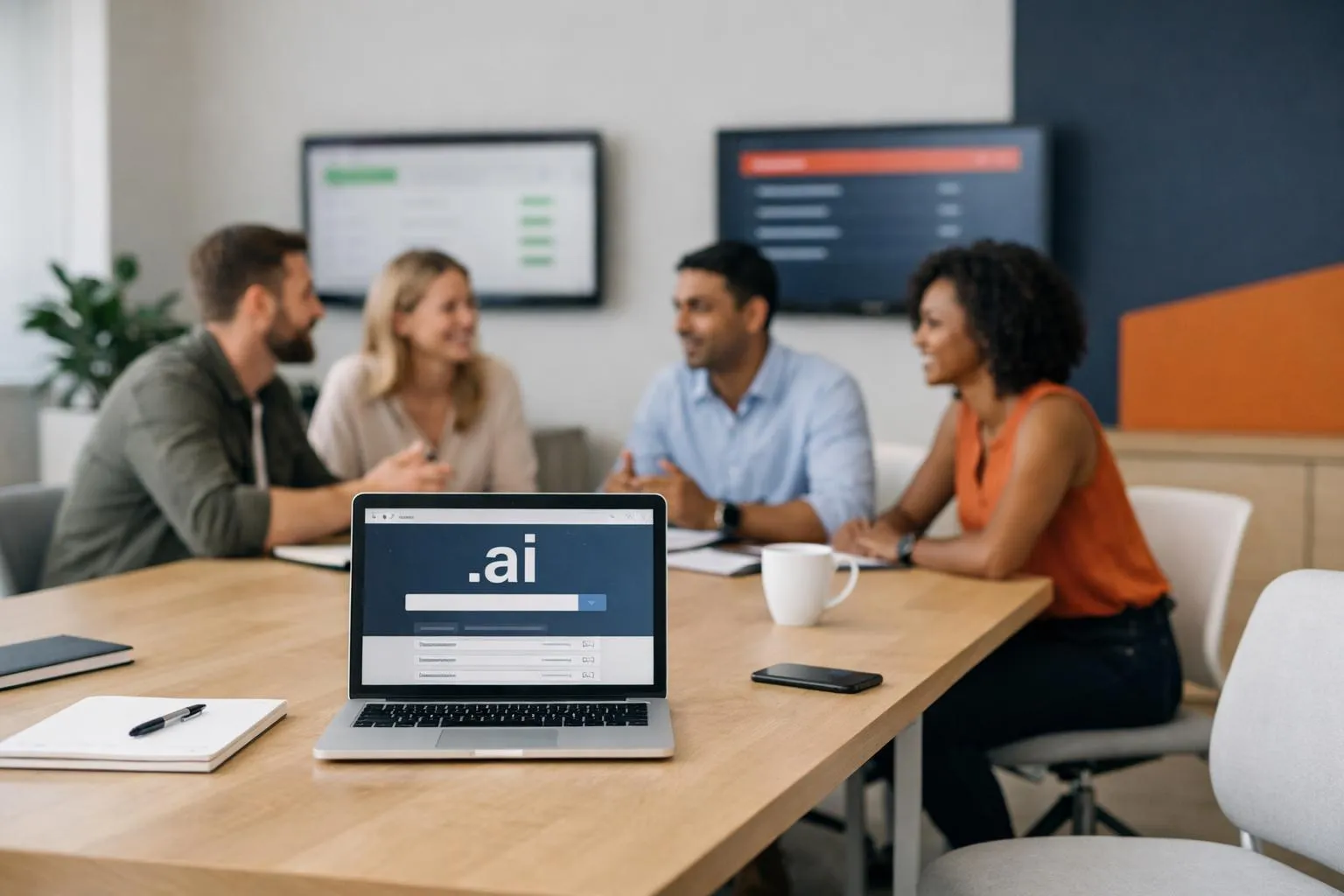 Group of people discussing in a modern office setting.