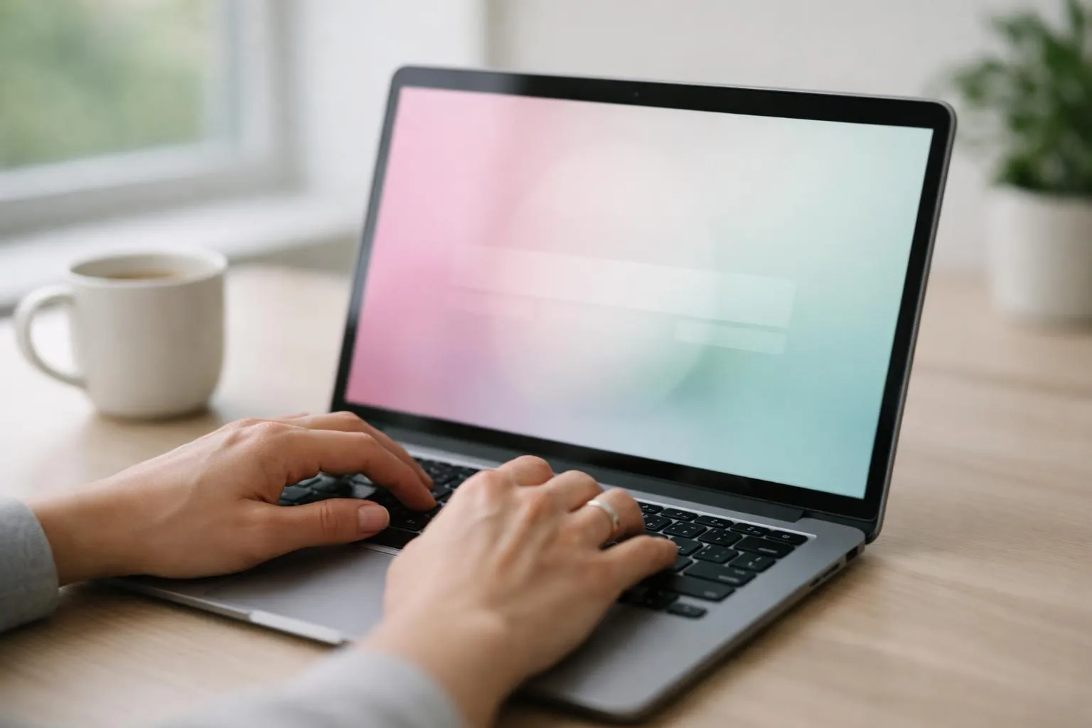 Laptop screen with pink and green gradient background, hands typing.