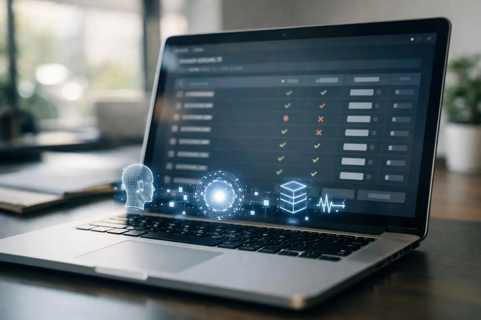 Laptop screen displaying futuristic data visualization and analytics interface.