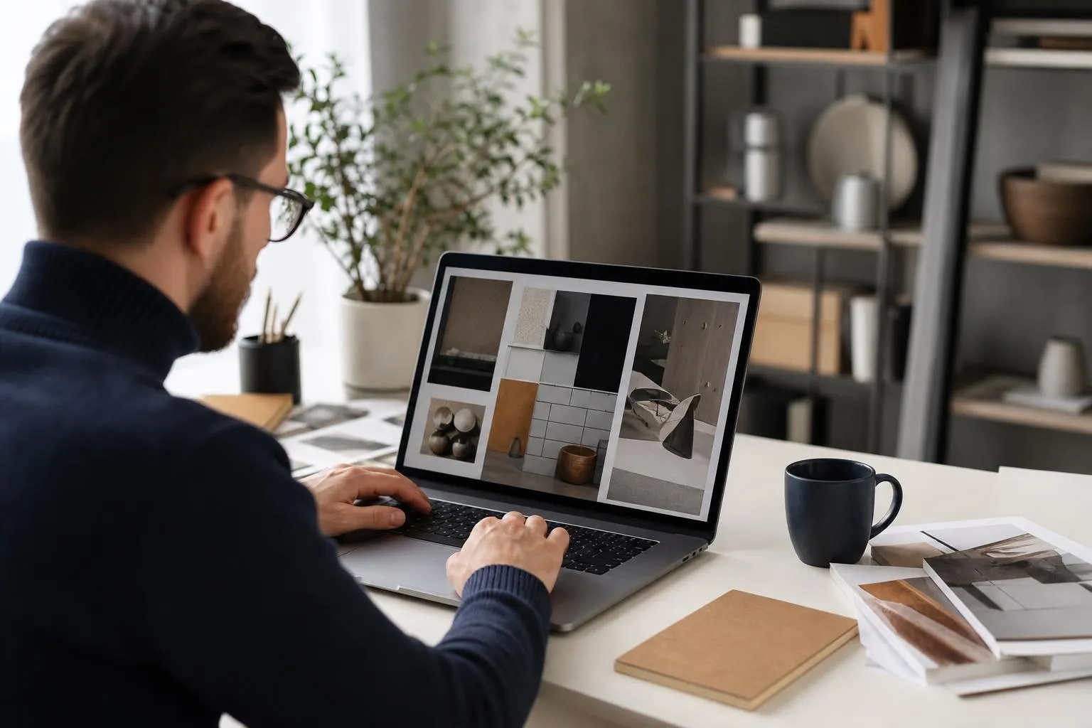 A person working on a laptop in a home office setting.