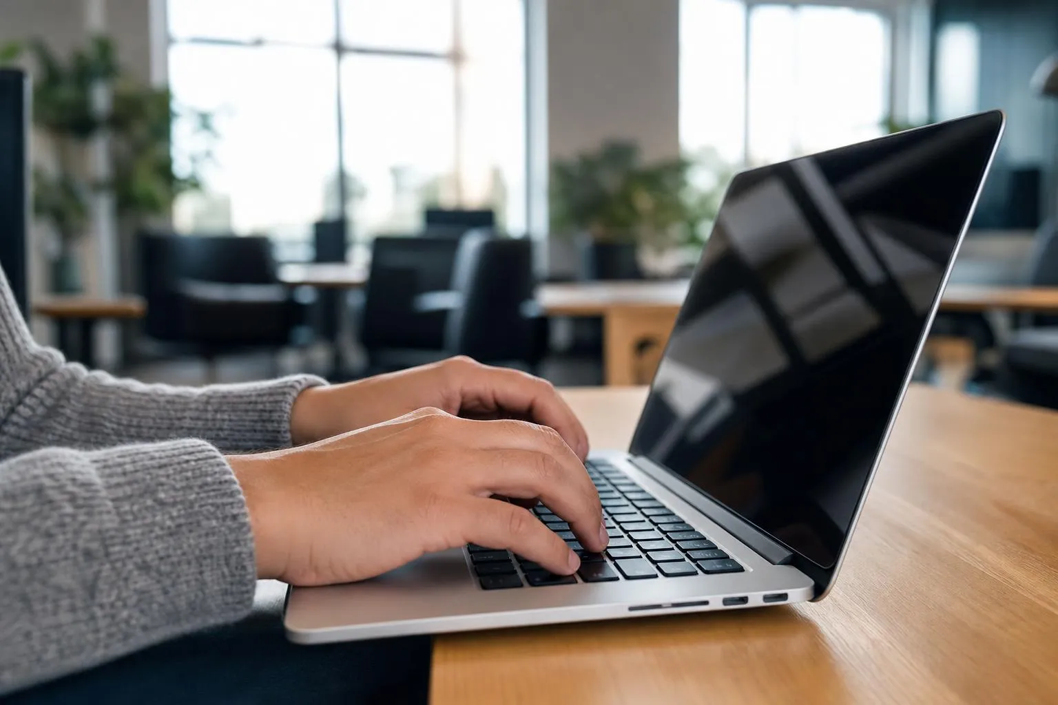Hands typing on a laptop in a modern office setting.