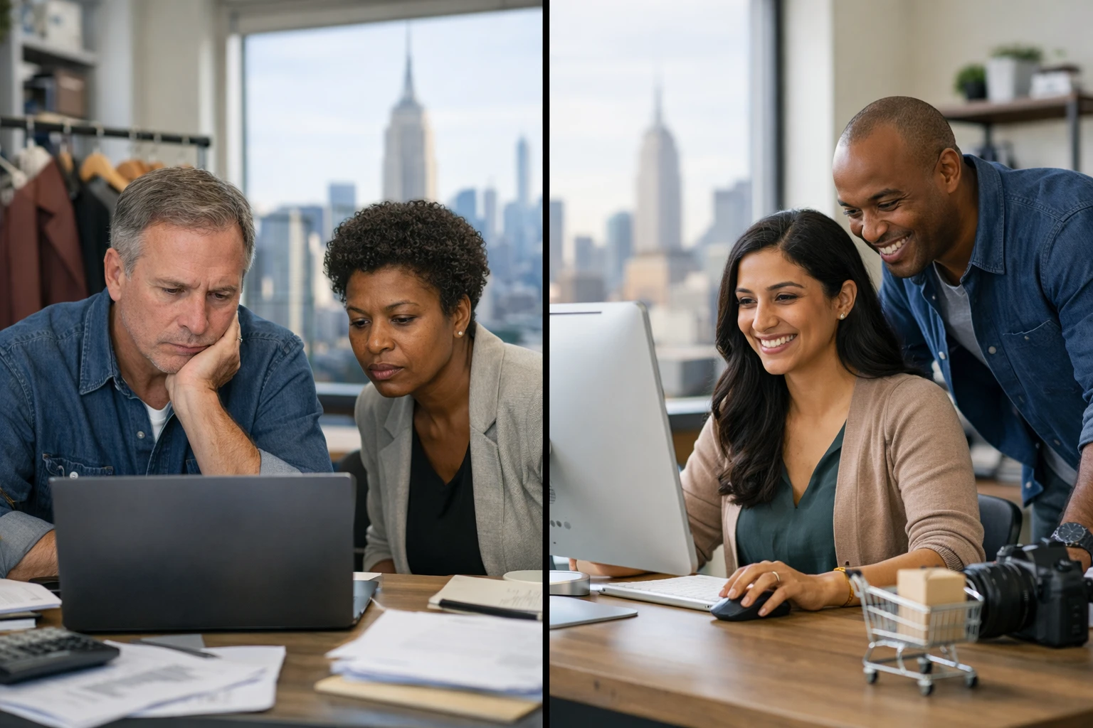 Split-screen showing a frustrated New York small business owner looking at expensive web development quotes on one side, and a confident entrepreneur using a laptop with AI interface creating a website instantly on the other side, modern NYC office environment with city views, diverse business owners, professional lighting