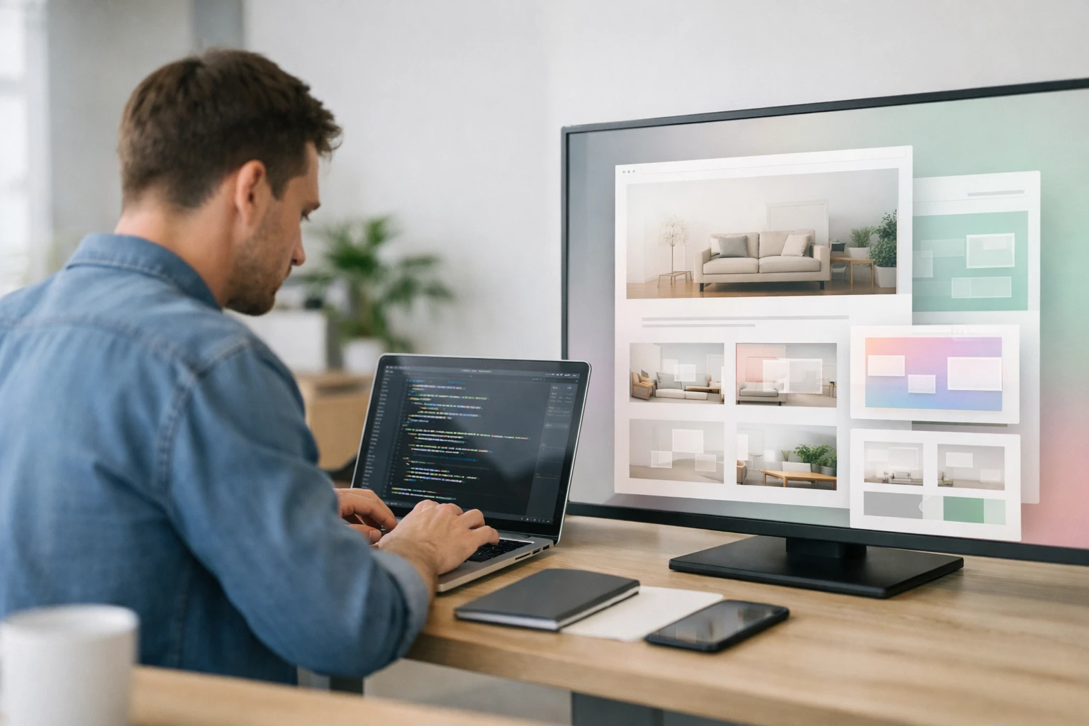 Split-screen visual showing traditional website coding on left with lines of complex code and developer at computer, contrasted with AI interface on right displaying automated design generation with neural network visualization patterns transforming business data into professional website layouts
