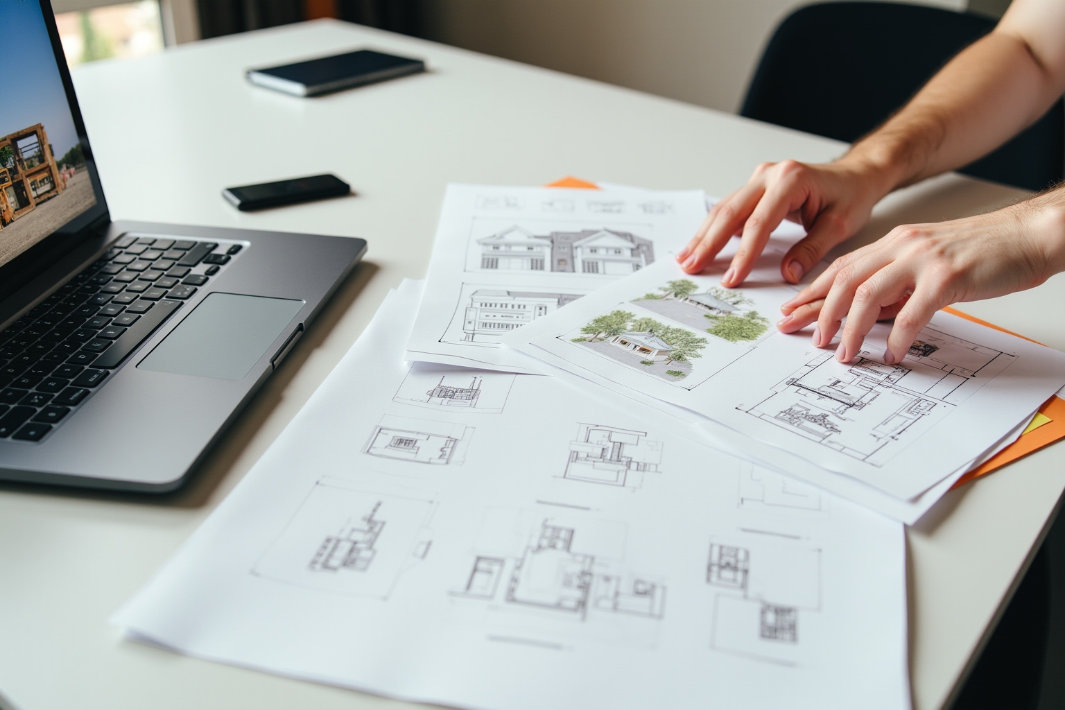 Architectural drawings, blueprints, and laptop on a desk.