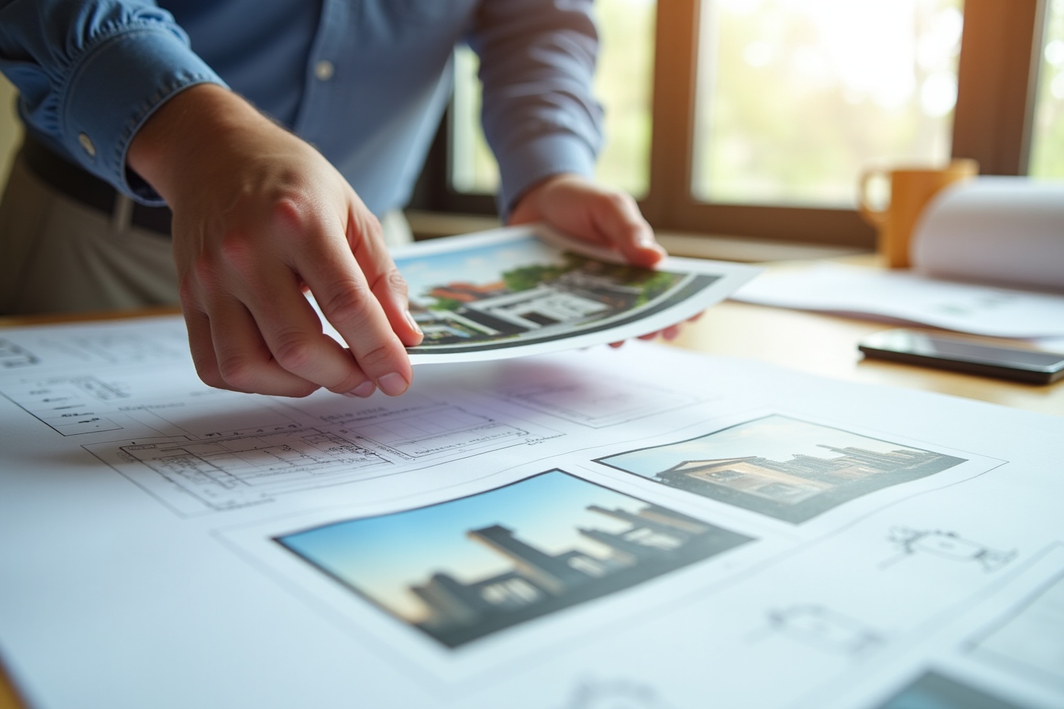 Hands examining architectural plans and photographs on a desk.