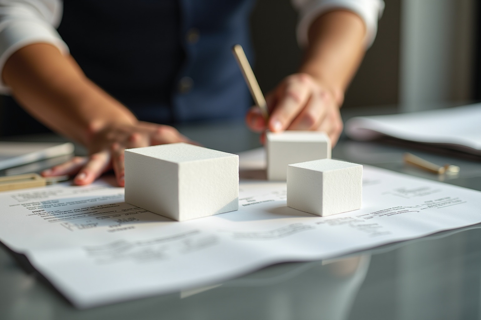 Hands arranging white cubes on paperwork on a desk.
