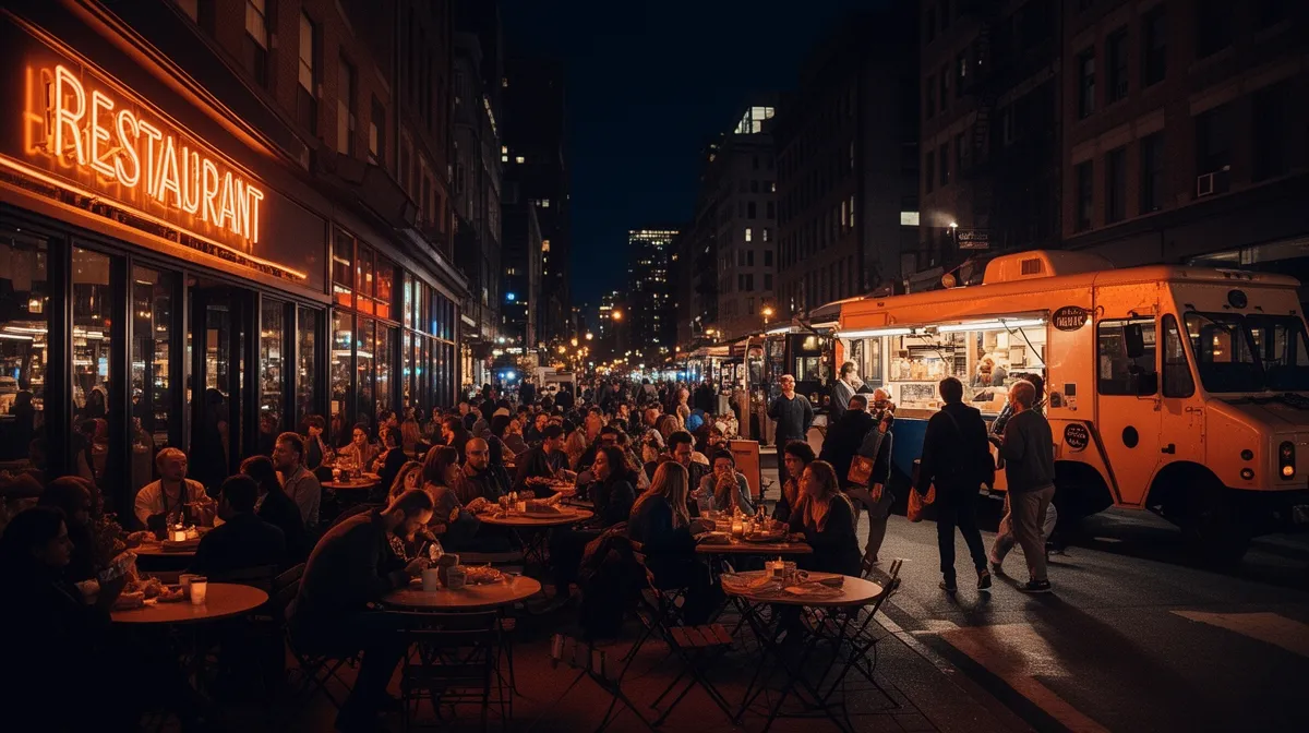 Crowded outdoor restaurant scene at night with neon sign.