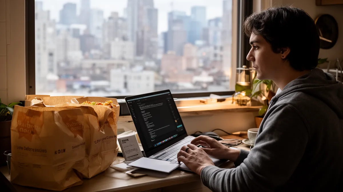 A person working on a laptop with a city view.
