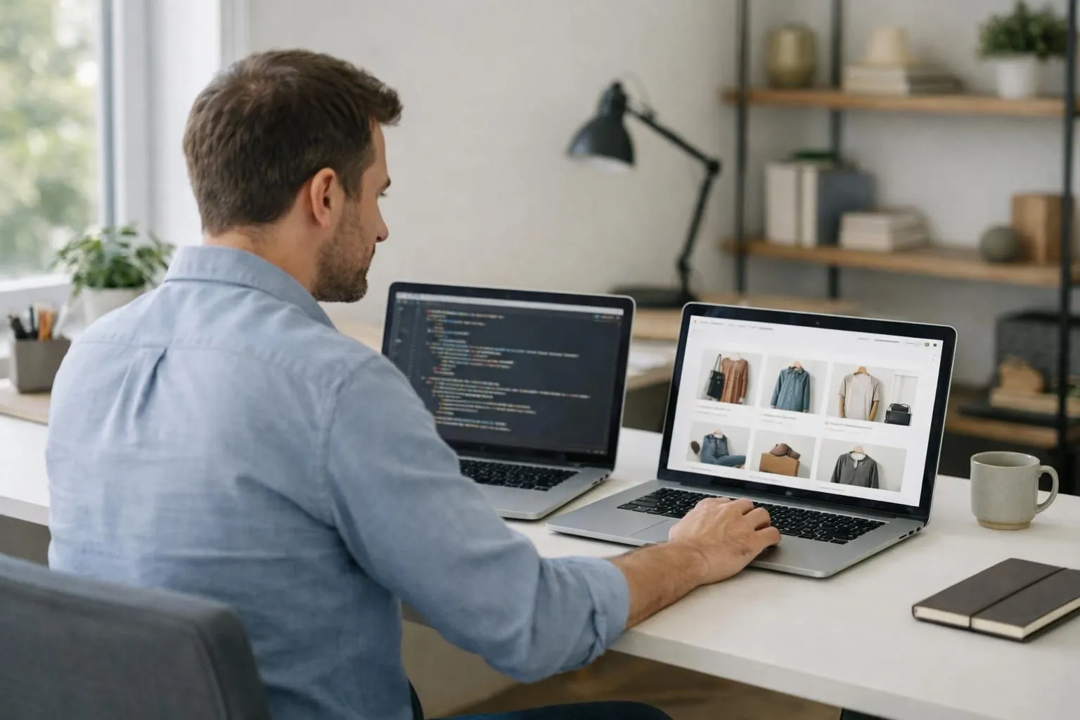 Entrepreneur at modern desk comparing two laptop screens showing traditional complex code interface versus clean AI-generated ecommerce store, contrasting old versus new technology approach, professional office setting with natural lighting