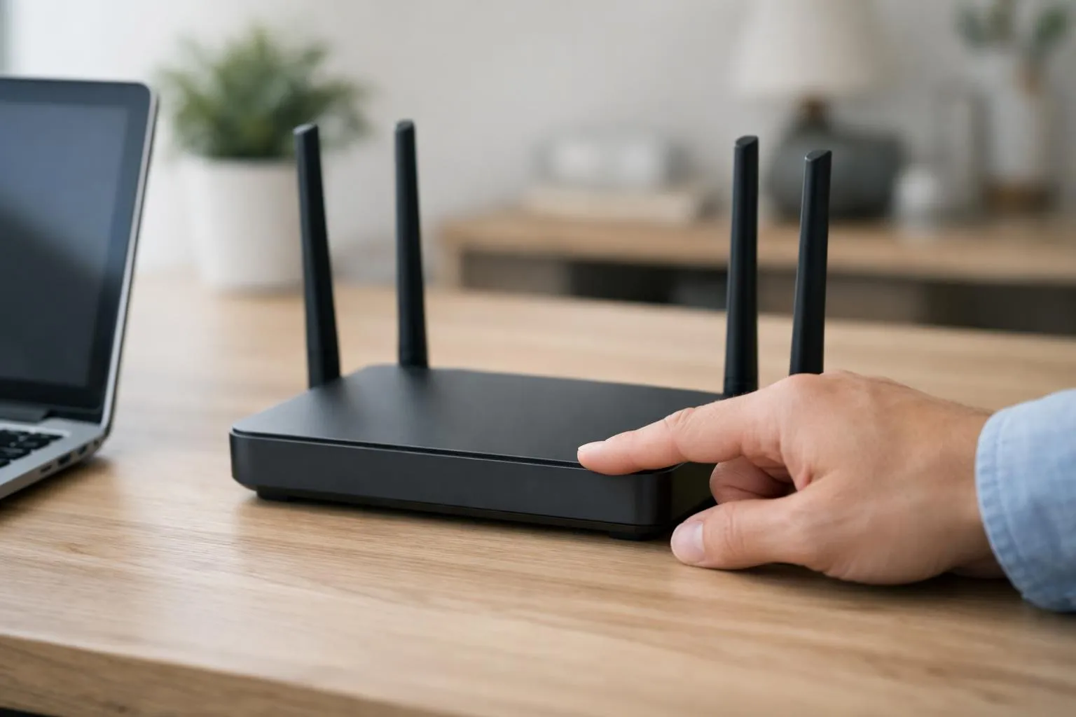 Wireless router with multiple antennas on a wooden desk.