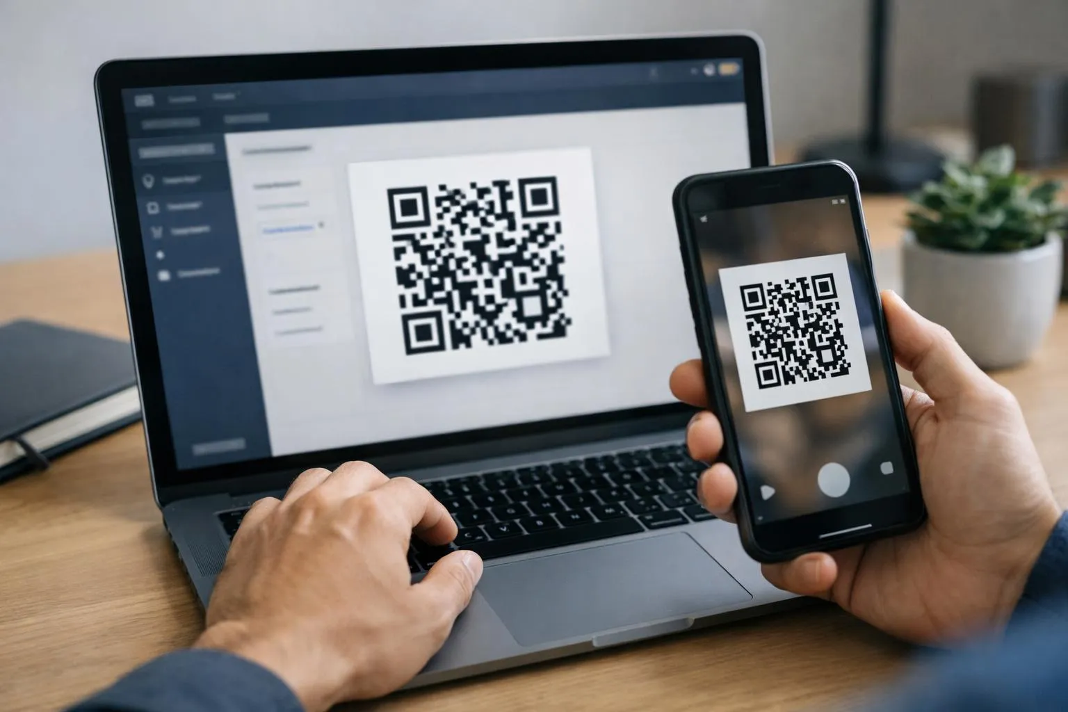 Laptop displaying QR code, person scanning it with smartphone.