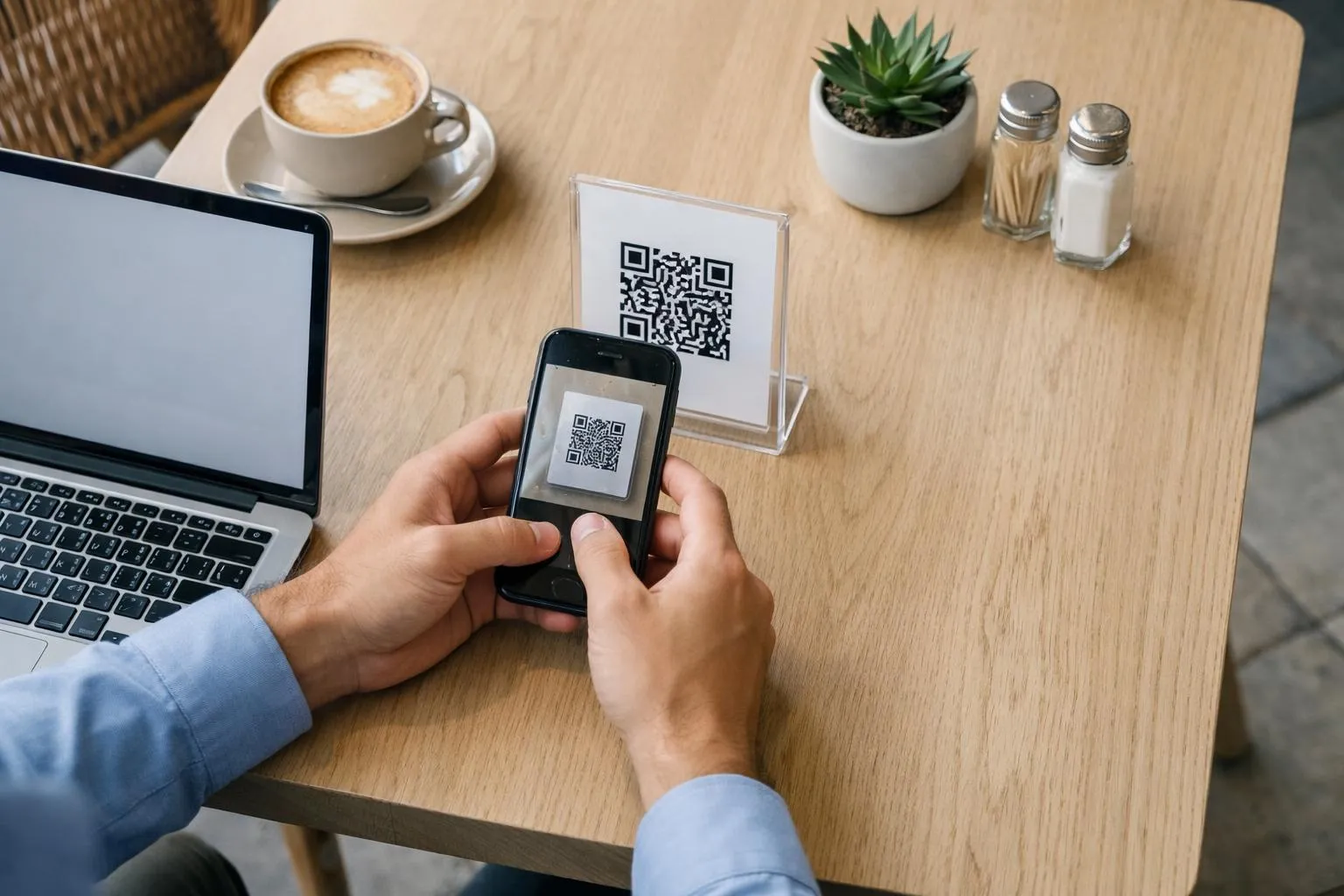 Person scanning QR code on smartphone at coffee shop table.