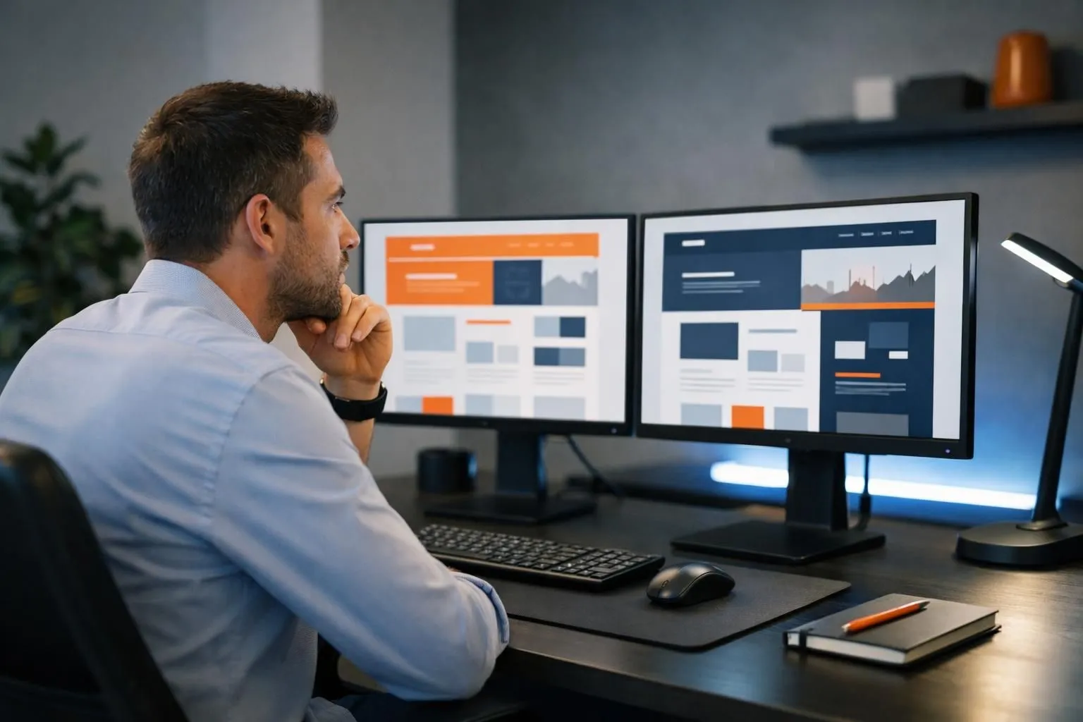 Business professional at desk with dual monitors displaying AI-generated website layouts and neural network visualizations, modern tech workspace with glowing blue interface elements
