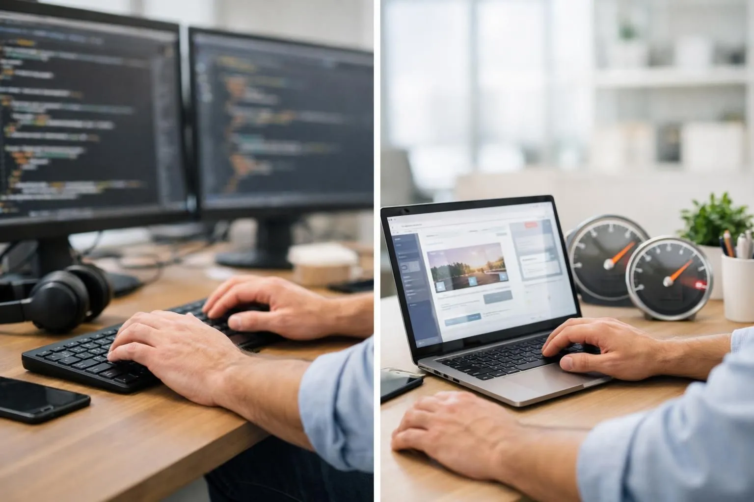 Side-by-side contrast of two business owners at desks: left side shows frustrated entrepreneur surrounded by coding complexity and lengthy timelines, right side displays confident professional easily generating website through AI interface with visible speed indicators, contemporary office setting with clean lighting