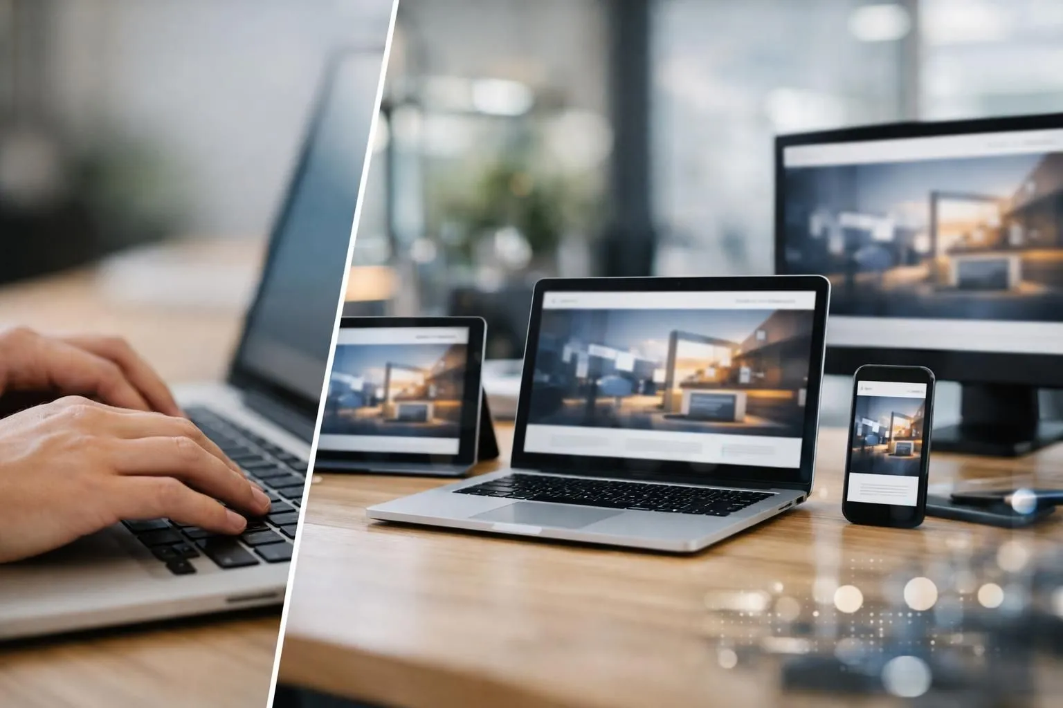 Split-screen visualization showing left side with business owner typing on laptop entering company details, right side displaying their website materializing on multiple device screens with AI neural network connections flowing between them, modern office setting with floating interface elements