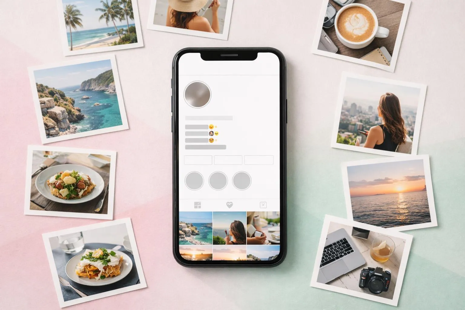 Smartphone displaying social media interface surrounded by travel photos.
